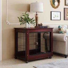 31' Length Furniture Style Pet Dog Crate Cage End Table with Wooden Structure and Iron Wire and Lockable Caters;  Medium Dog House Indoor Use.