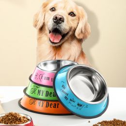 Stainless steel dog bowl; color anti-skid dog bowl; cat bowl (Colour: 16Cm, size: Blue Cartoon)
