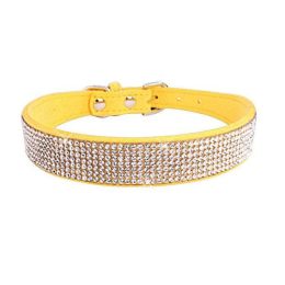 Crystal Dog Collar Solid Color Leather (size: L, color: Yellow)
