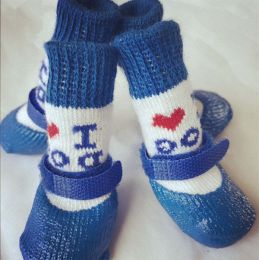 Wholesale 4-Piece Adjustable Waterproof Anti-Slip Dog Socks (size: S, color: Blue Heart)