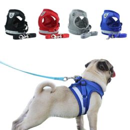 Summer Strap-style Dog Leash Adjustable Reflective Vest Walking Lead for Puppy Polyester Mesh Harness Small Dog Collars (size: M, color: blue)