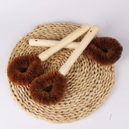Natural coconut palm pot; wood handle; oil free kitchen; wood brush pot; magic tool; long handle brush pot (Colour: As Shown In Figure, Specifications: Nail Free Coconut Brown Pot Brush)