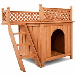 New Style Wood Pet Dog House With Roof Balcony And Bed Shelter (Type: Pets, color: brown)
